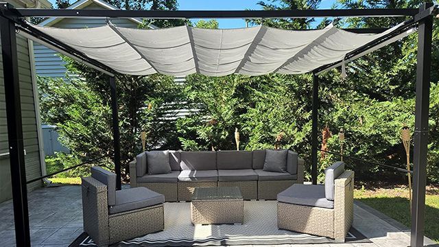 Aoodor 10 x 10 FT Outdoor Pergola with Retractable Shade Canopy, Dark Gray Matte Aluminum Frame, 4 Pieces Roller Shade Curtain, Grape Trellis Pergola 