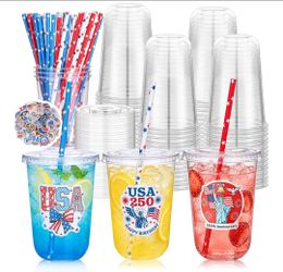 100 Sets 16oz Clear Plastic Cups with Lids & Paper Straws Stickers for USA 250th Anniversary 4th of July Party, Disposable Round Bottom Patriotic Cups