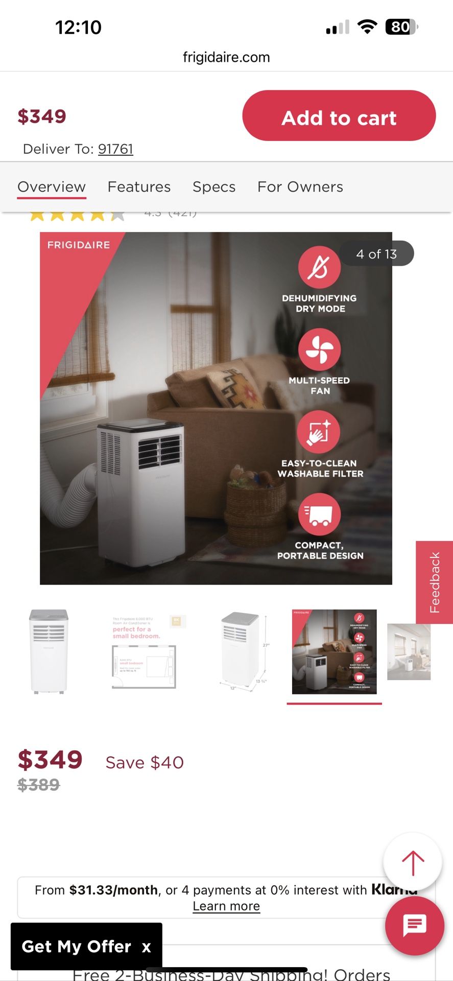 Frigidaire Portable Room Air Conditioner with Dehumidifier Mode 8,000 BTU (ASHRAE) / 5,500 BTU (DOE)
