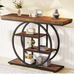 New assembled 41.3" Console Table, Industrial 4-Tier Sofa Table Entryway Table with Circle Base, Narrow Wood Accent Tables with Storage Shelves for Li