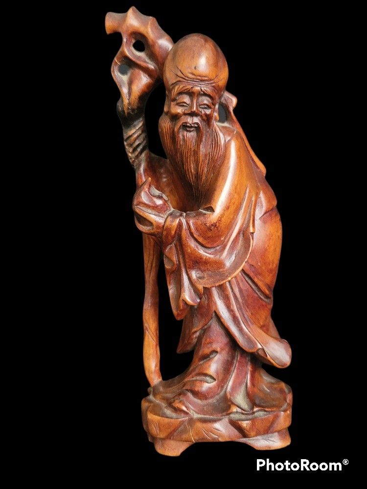 Antique Chinese Carved Teak Wood Old Bearded Man With Cane Sculpture