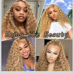 🔥Brand new🔥 13X6 24inch Honey Blonde Wig Human Hair 27#Color Deep Wave Lace Front Wig Human Hair