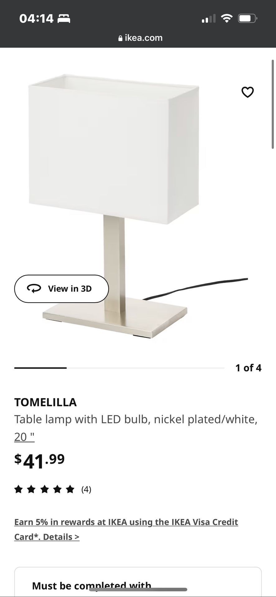 IKEA TOMELILLA Table lamp with LED bulb, nickel plated/white, 20 "
