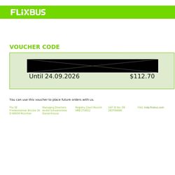 Flix Bus Voucher worth $112.70