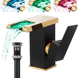 Multi-LED Waterfall Bathroom Faucet color change - black & gold
