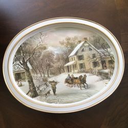 Vintage Currier & Ives Metal Serving Oval Tray
