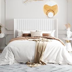 Full Size Velvet Upholstered Bed Frame, Vertical Channel Tufted Wingback Headboard, Wooden Slats Support Platform, No Box Spring Need