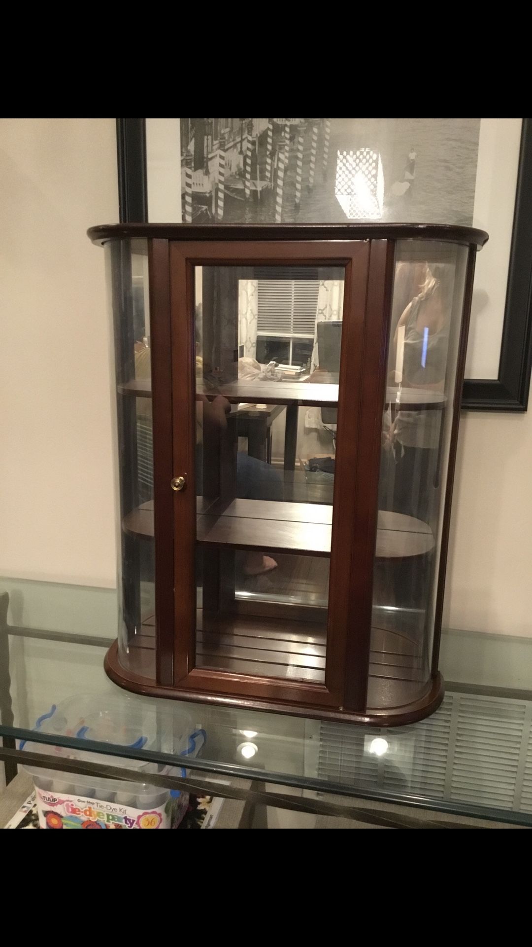 Antique Wood Curio Curved Wall Mounted Cabinet