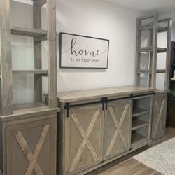 Custom TV Stand Cabinet Entertainment Center TV Lift Modern Rustic Farm House Barn Doors Console Handmade Restorations hardware Insp. Bookshelves 