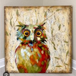 Pier 1 Quirky Owl Art Canvas Print 39\" square Statement Piece Decor Retired