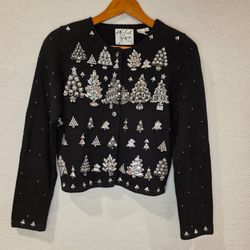 Vtg Michael Simon Sweater Cardigan Black Christmas Trees Beading Crystals Small
