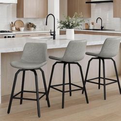 360° Swivel Bar Stools, Set of 3— 26” Counter-Height Modern Barstools in Gray Faux Leather
