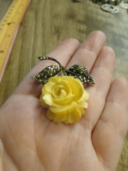 Vintage Sterling Silver Celluloid Yellow Rose & Marcasite Leaf Brooch Pin