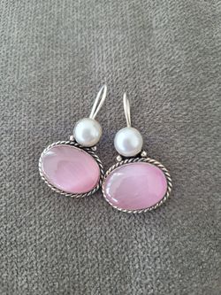 Pink Stone White Pearl  Mini-drop Earrings Brass