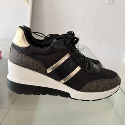 Michael Kors Allie Trainer Black Gold Women's Sneakers Lace Up Mesh Comfort