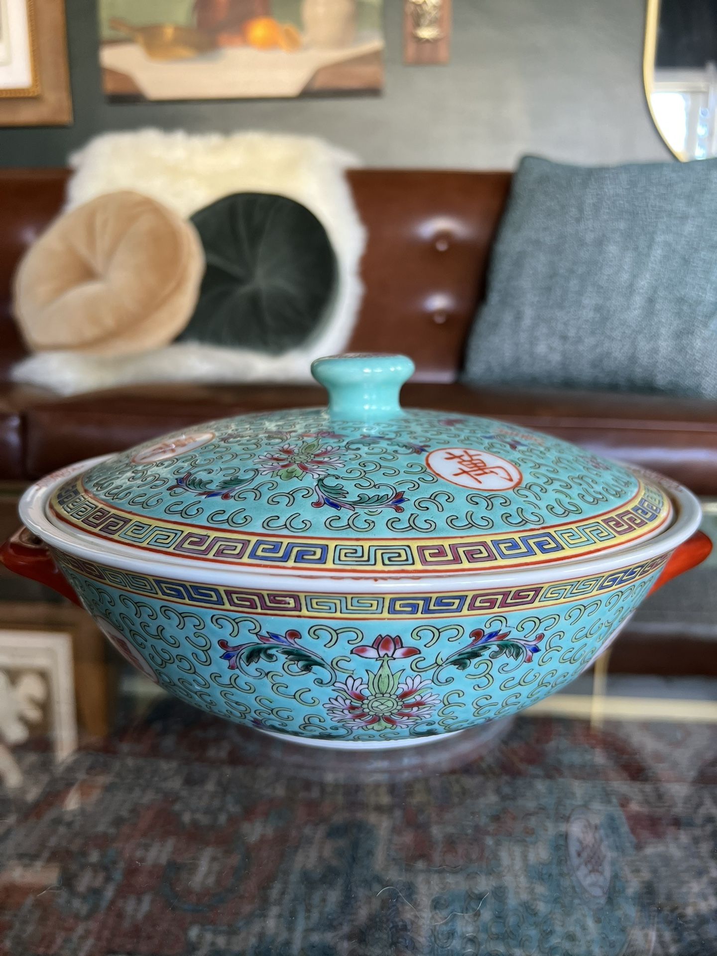 Vintage Chinese Porcelain Wan Shou Wu Jiang Soup Tureen in Bao Xiang Hua Pattern - 3 Available