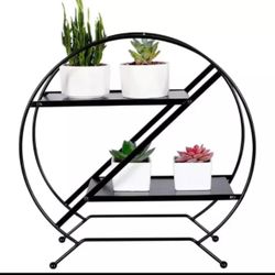 Home Garden Flower Pot Storage Rack 2 Tier Round Shape Metal Plant Rack