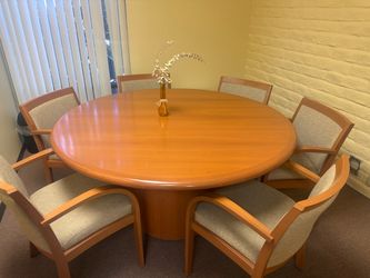 Round Real Wood Conference Table with 6 Chairs