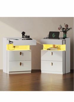 🎉On sale 🎉WLIVE White LED Nighstand Set of 2 with Charging Station, Night Stands Sets with Sliding Top, Bedside Tables with Drawers, End Table for B