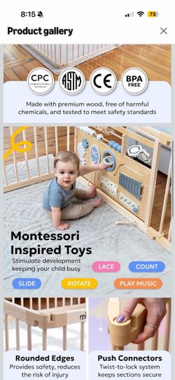 Miotetto Baby Playpen, Wooden Playpen for Babies and Toddlers, Foldable Fence with Montessori Activity Panel, Storage Basket & Gate, Portable, Easy to
