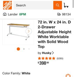Husky Adjustable Height Workbench Desk, White 72”