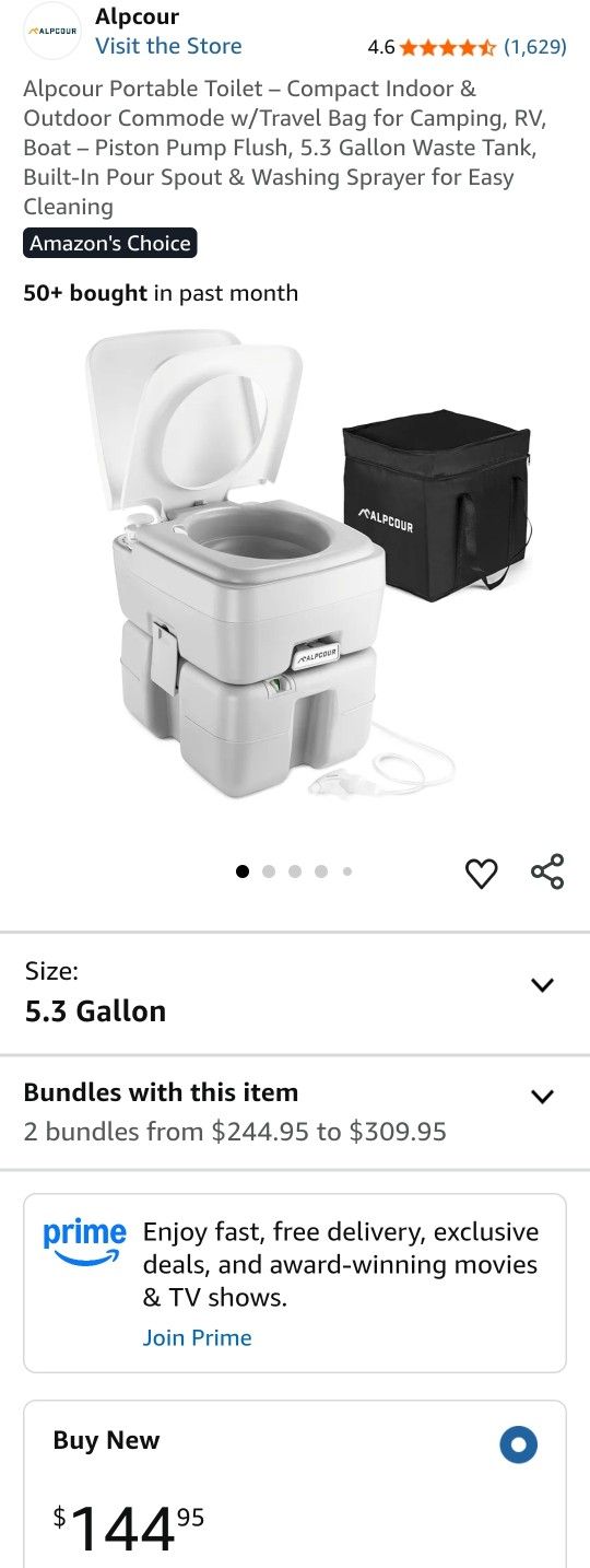 Alpcour Portable Toilet – Compact Indoor & Outdoor Commode w/Travel Bag for Camping, RV, Boat – Piston Pump Flush, 5.3 Gallon Waste Tank, Built-In Pou