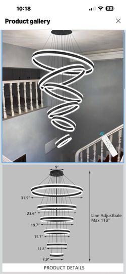 6Rings Modern LED Chandeliers Large High Ceiling Chandelier for Foyer Black Dimmable Long Handing