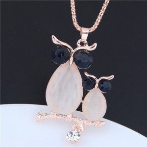 NIGHT OWLS OPAL PEARCHED ON THE TWIG GOLD TONE LONG CHAIN ROSE PENDENT NECKLACE
