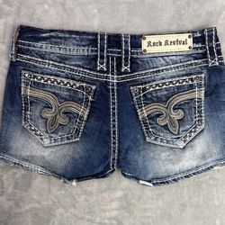 Rock Revival Claudia Denim Shorts Womans Sz 28 Distressed Embroidered Western