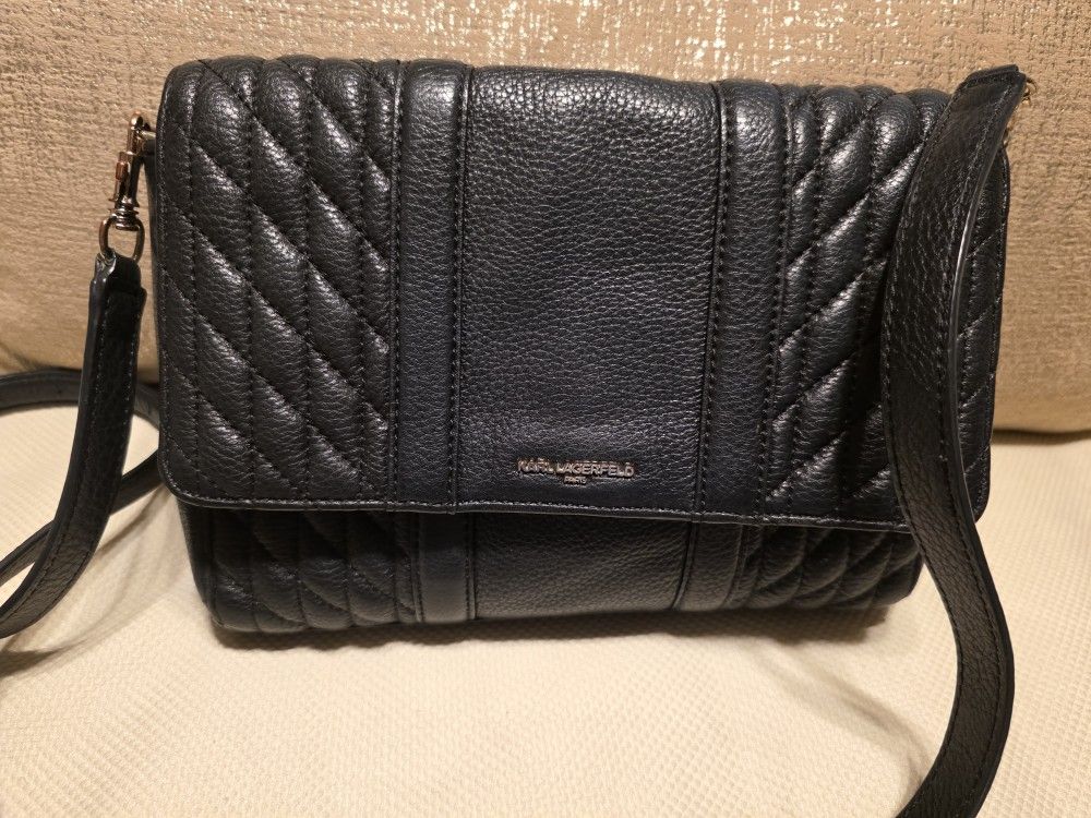 Karl Lagerfeld Black Leather Crossbody Bag Shoulder Bag Purse 10" X 8" X 2"