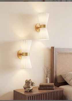 New in box set of 2 sconces hard wired light fixture lamp beige