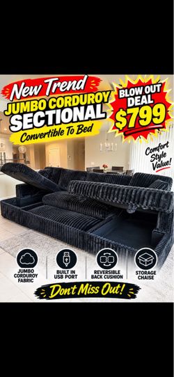 Jumbo Corduroy Sectional Sofa Convertible to Bed