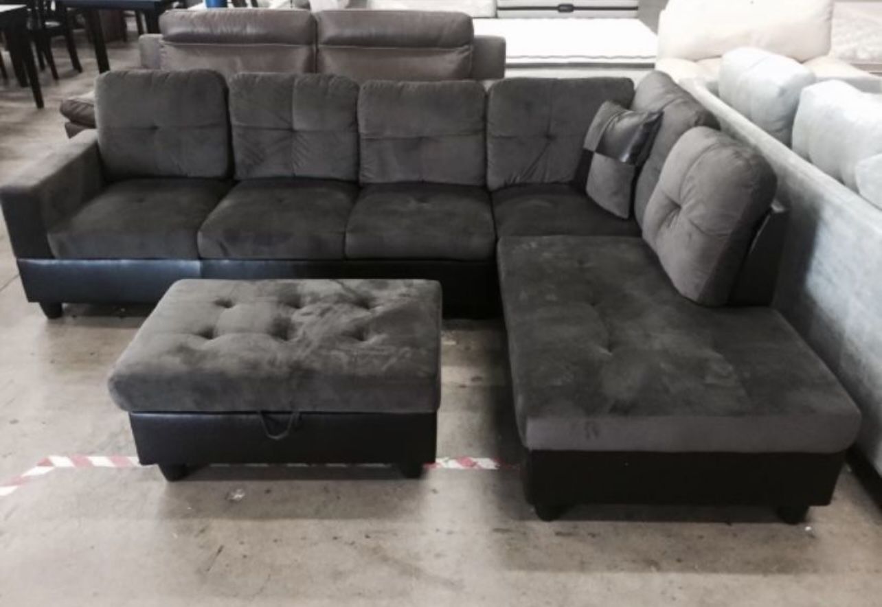 Dark Microfiber Sectional Couch And Ottoman