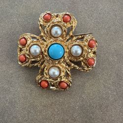 Pearl Turquoise Garnet Brooch (KJL) Vintage 