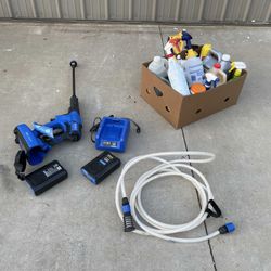 $50 - Kobalt Portable Pressure Washer w 2 batteries, charger, and box of cleaning supplies