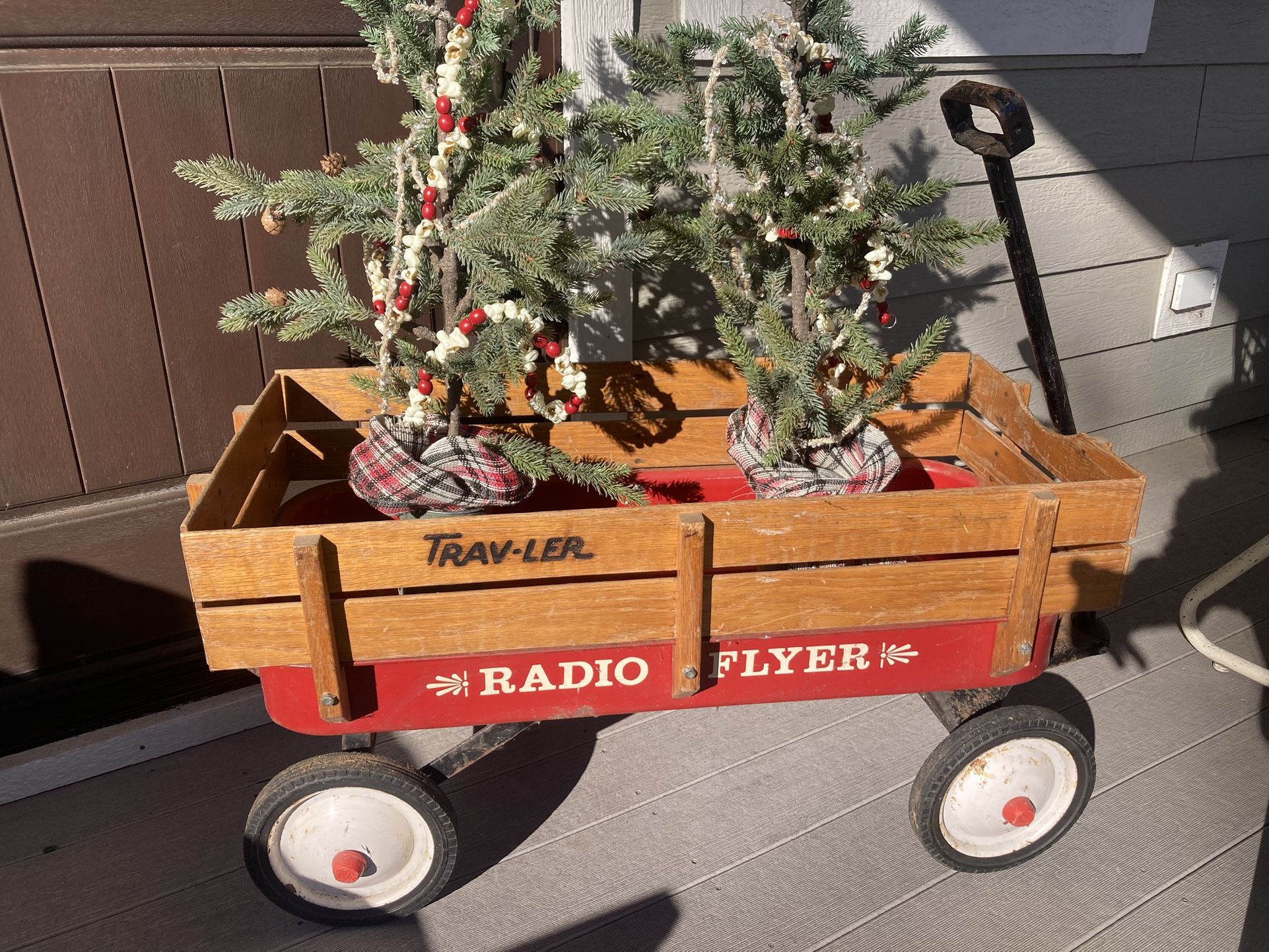 Vintage Radio Flyer Metal ( With Wood Rail) Trav-Ler Wagon Perfect For Christmas Decoration- And Still Rolls Great!
