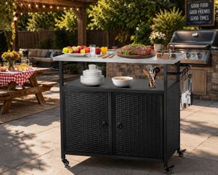 Outdoor Grill Cart with Storage, Kitchen Island Cart with Stainless Steel Top for BBQ.
