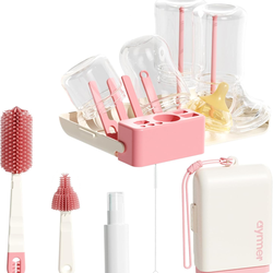 Baby Bottle Brush, 10 in 1 Travel Baby Bottle Cleaner Brush Set with Silicone Brush, Nipple Brush, Straw Brush, Soap Dispenser, Portable Drying Rack, 