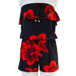 Favant Hawaiian Red And Black Hibiscus Floral Shorts Romper Jumpsuit 