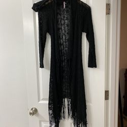New Black Cardigan With Fringes And Hood