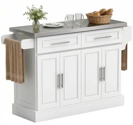 HOMCOM Rolling Kitchen Island Cart with 47" Stainless Steel Top, Portable Island Table for Kitchen with Wheels, Adjustable Shelves, 2 Drawers, Spice, 