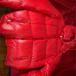 Red puffer jacket