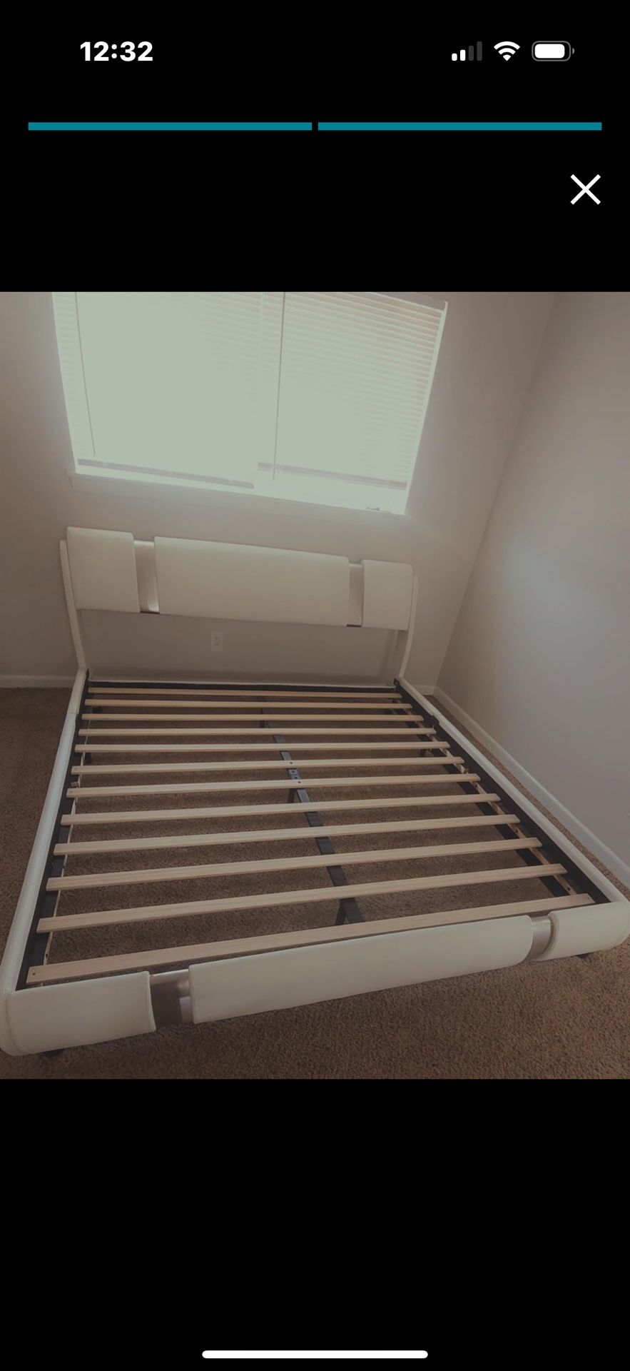 Modern Faux Leather Upholstered Platform Bed Frame, Queen Size, White with Mirror Metal Decoration Curved Headboard Wooden Slats Support No Box Spring