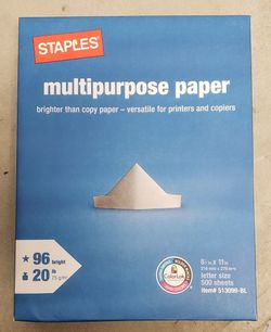 Staples 8.5*11" Multipurpose Paper, 96 brightness, 500/Ream