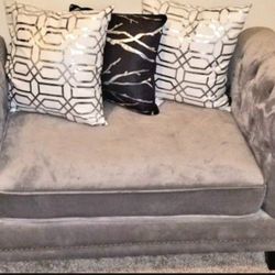 Grey Ottoman w/ 2 Throw Pillows 
