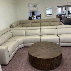 Furniture- 100% Real Top Grain Leather 5 Pc Sectional With 3 Power Recliners- Nevio