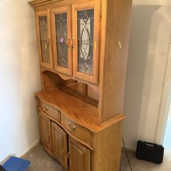Country Style Wooden Hutch Cabinet with Glass Doors, Drawers, Brass Handles