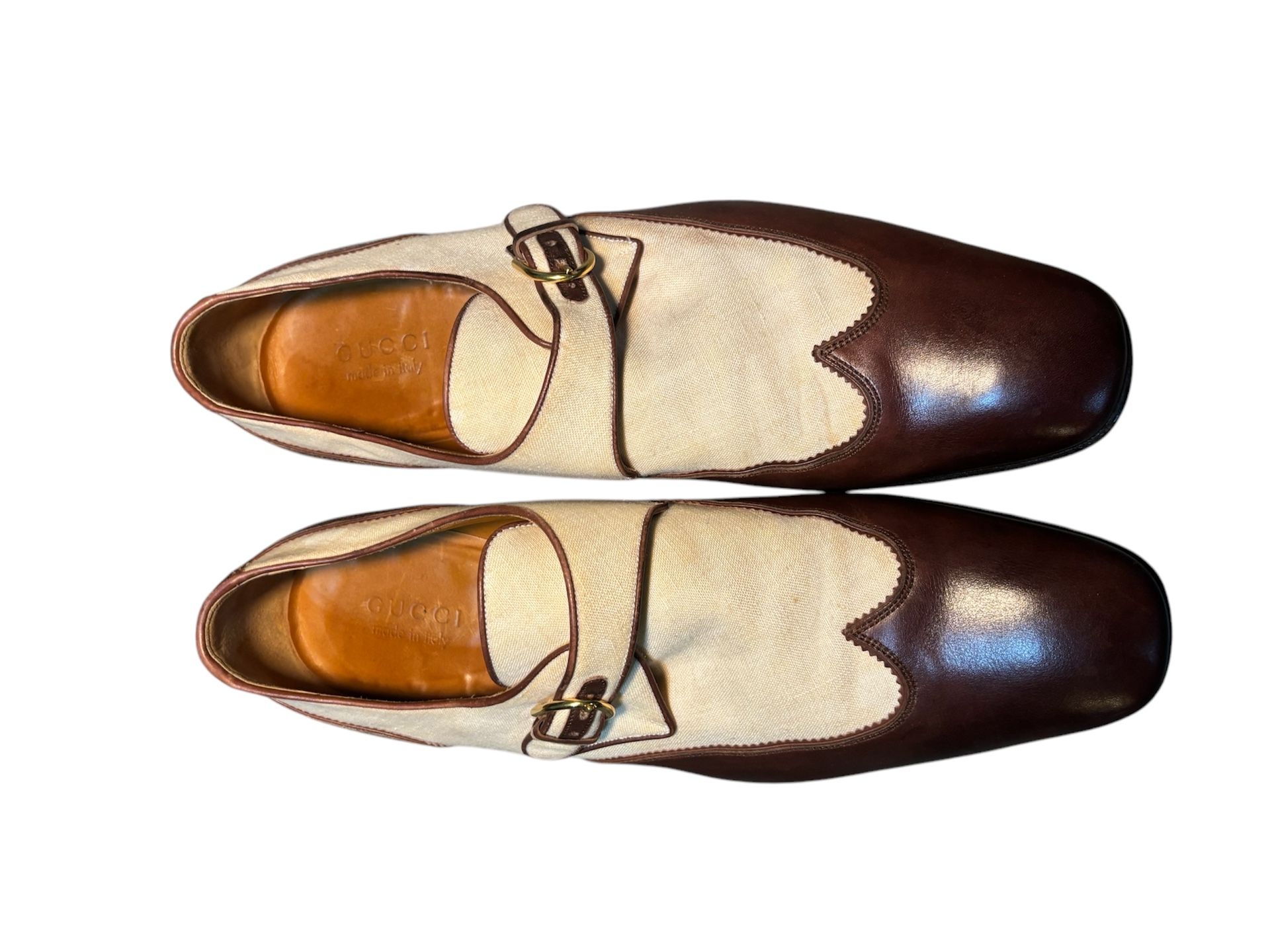 Men’s Preowned GUCCI Brown Leather & Cream Cloth Oxford 