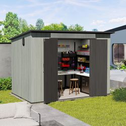 6x9FT Outdoor Resin Storage Shed with Transparent Windows & Louvered Vents, Plastic Tool Shed with Double Lockable Doors & Sloping Roof, Outside Garde