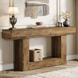 RY0241 63" Console Table, Farmhouse 2-Tier Entryway Table with U-Shaped Base, Narrow Long Wood Sofa Table Behind Couch Table for Living Room, Hallway,
